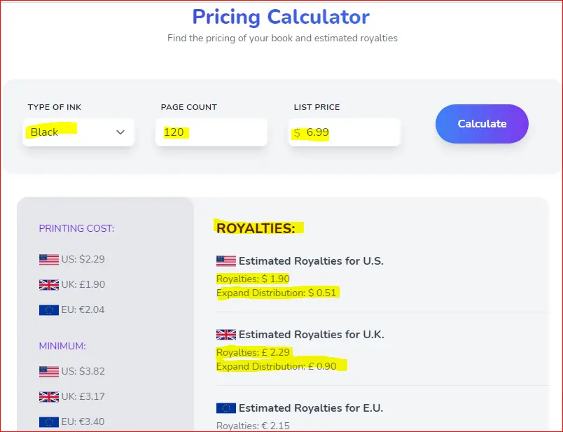 kdp pricing calculator