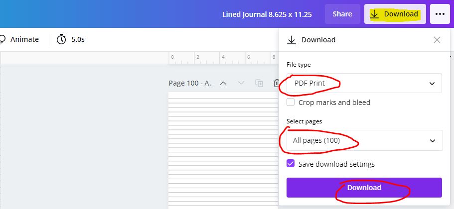 downloading print ready journal from canva