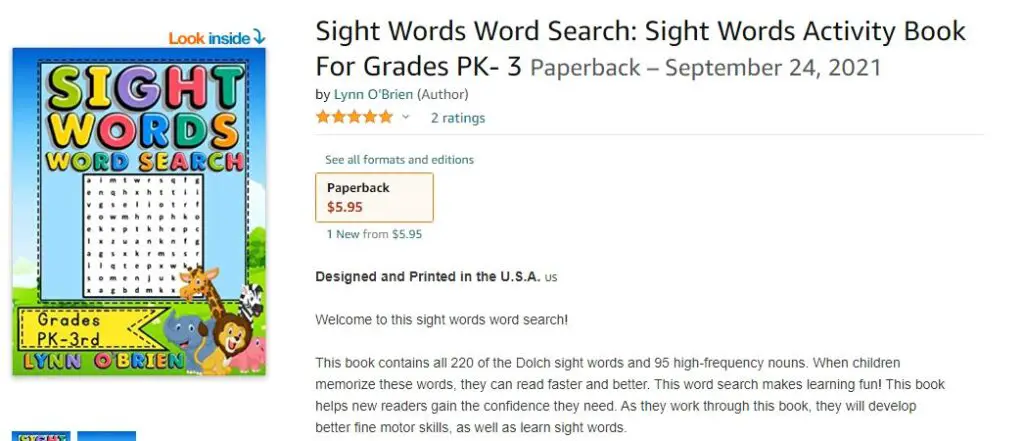 sight words word search activity book