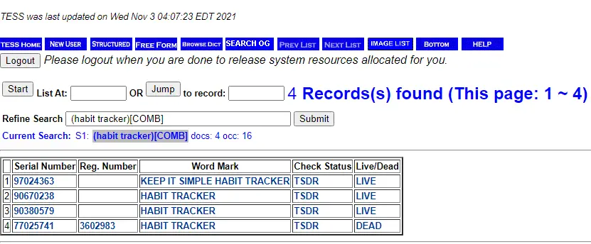 habit tracker uspto search results