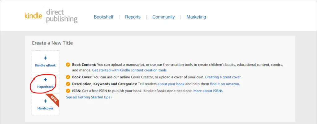create a new paperback title on kdp