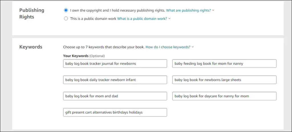 kdp backend keyword slots and publishing rights