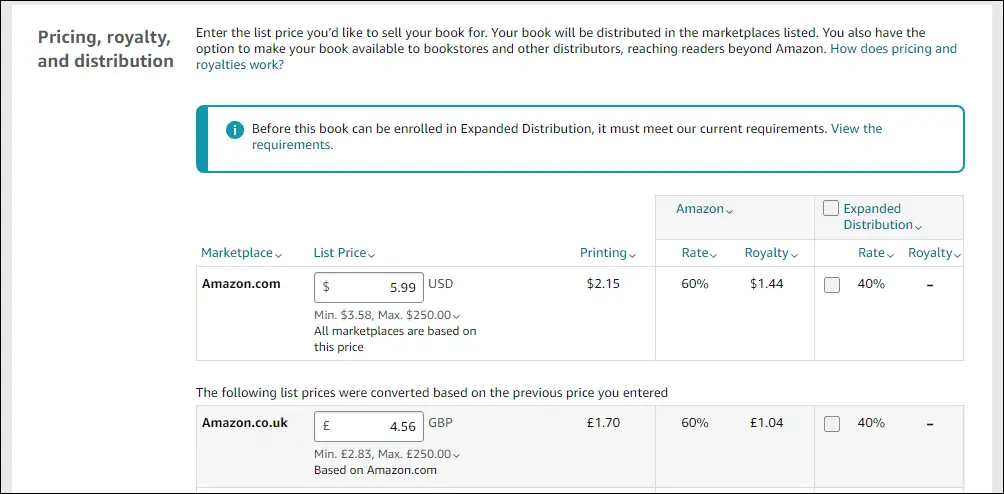 kdp book pricing page