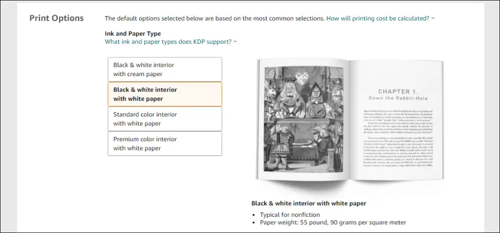 kdp printing options