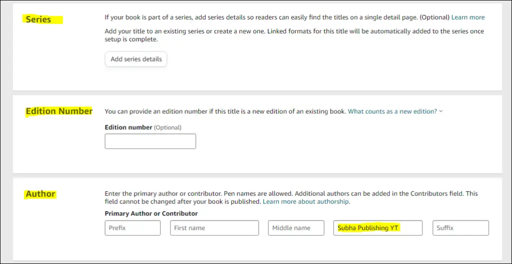 kdp series name edition no and author name