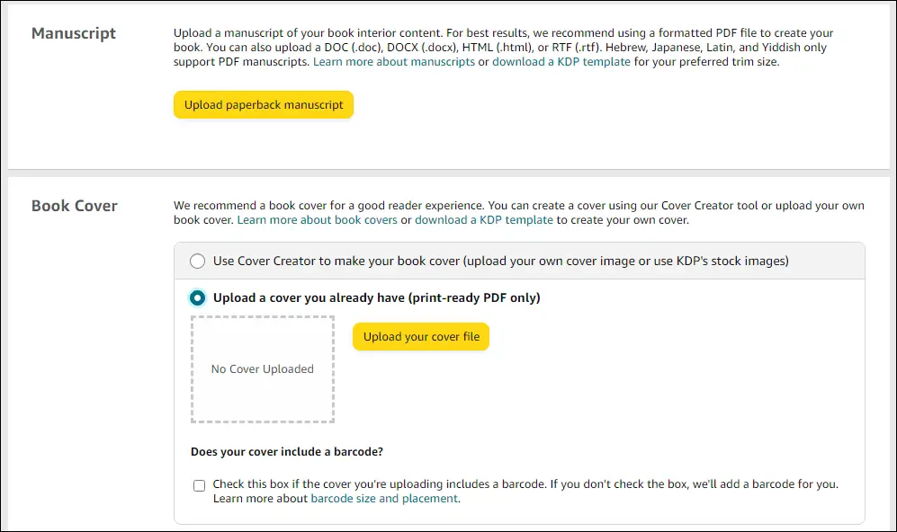uploading book interior and book cover on amazon kdp