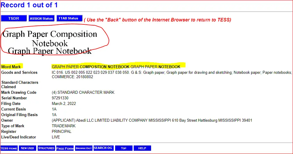 uspto result for composition notebook