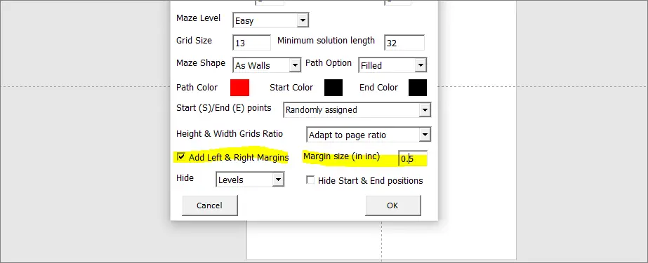 margin settings for maze puzzles