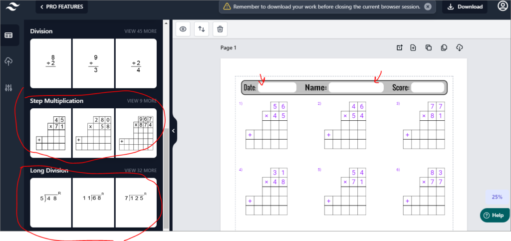 math worksheets generator pro features