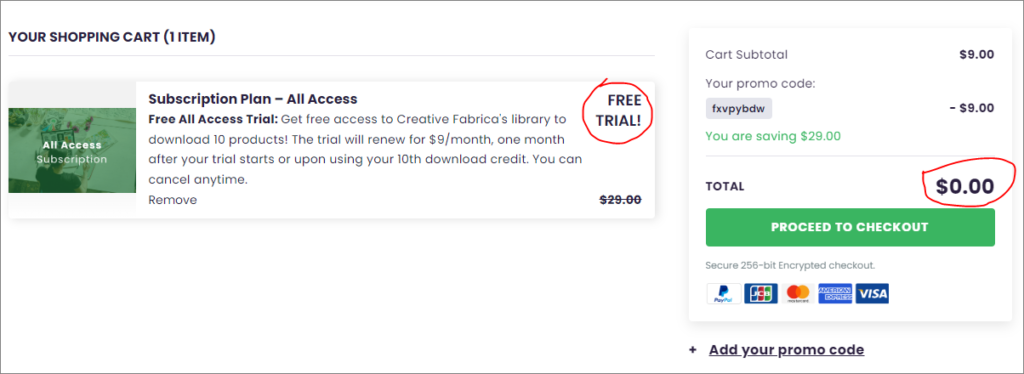 creative fabrica free trial checkout page