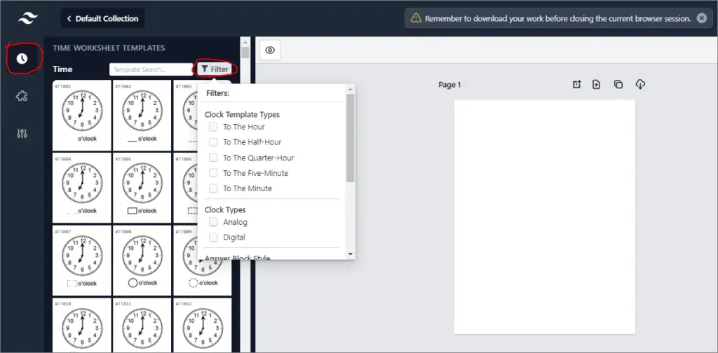 time worksheets generator filters