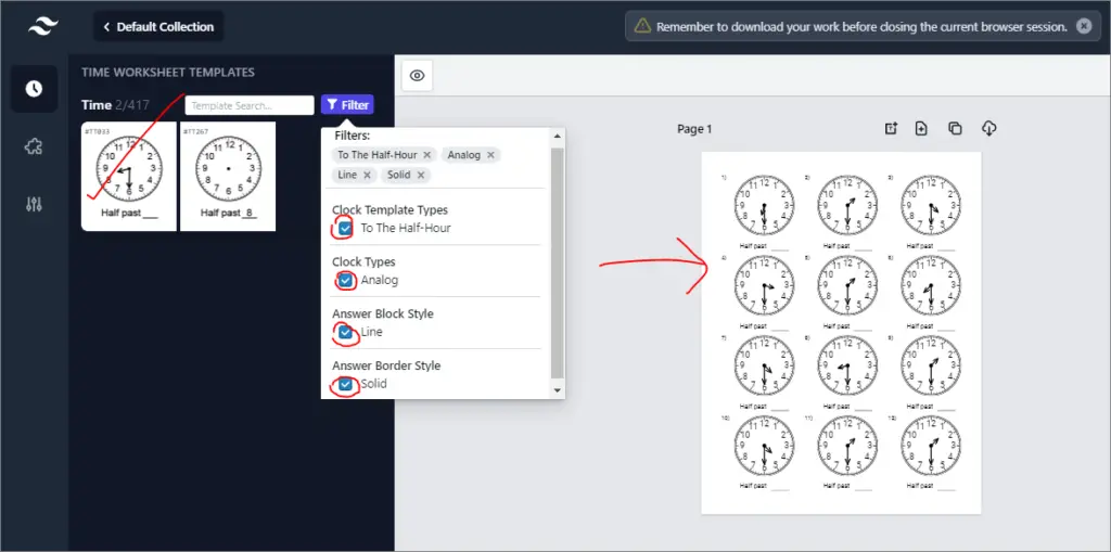 time worksheets generator to the half hour templates