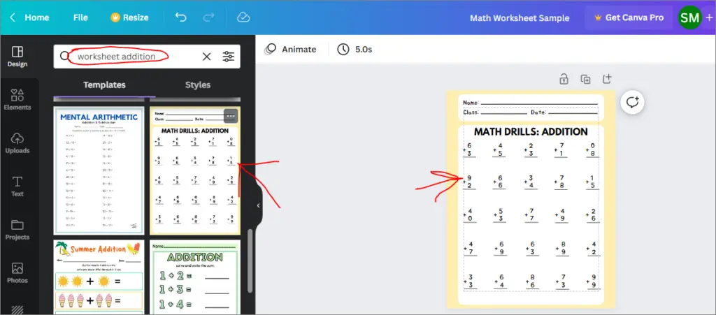 basic addition worksheet canva