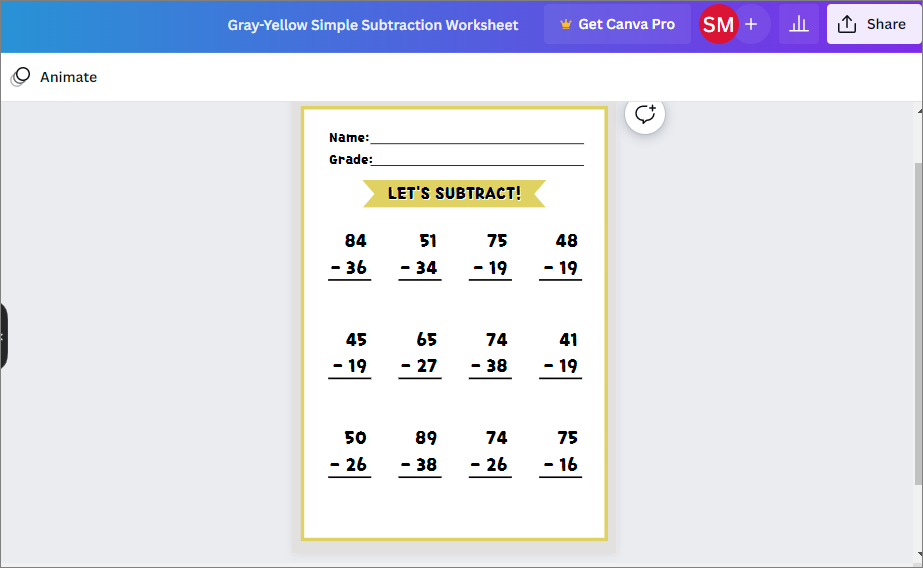 customize simple subtraction worksheet