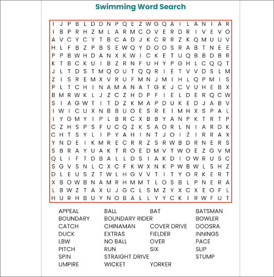 customized swimming word search puzzle