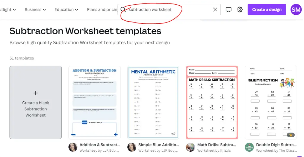 subtraction worksheet templates