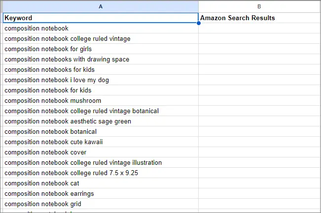 composition notebook keywords google sheets