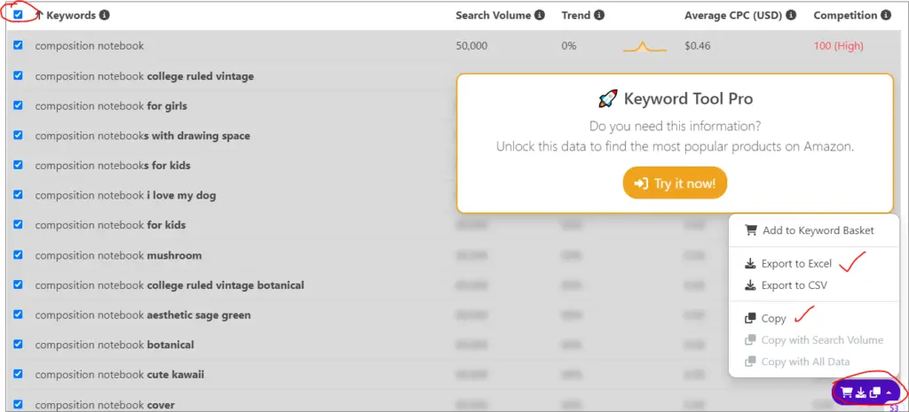 downloading keywords from keyword tool for amazon