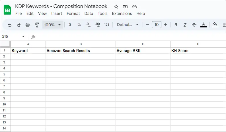 new google sheets spreadsheet for kdp keywords