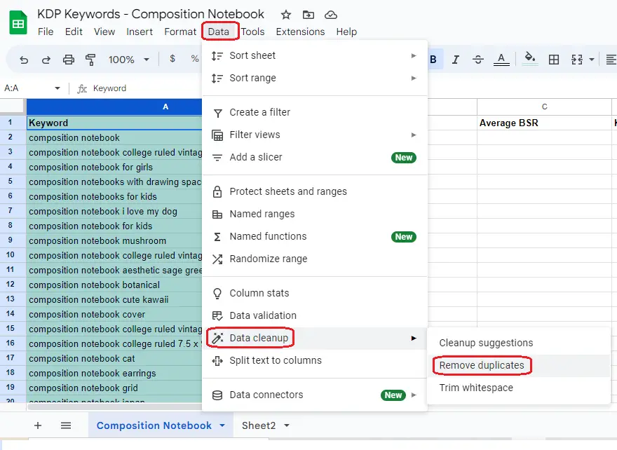 remove duplicate keywords google sheets