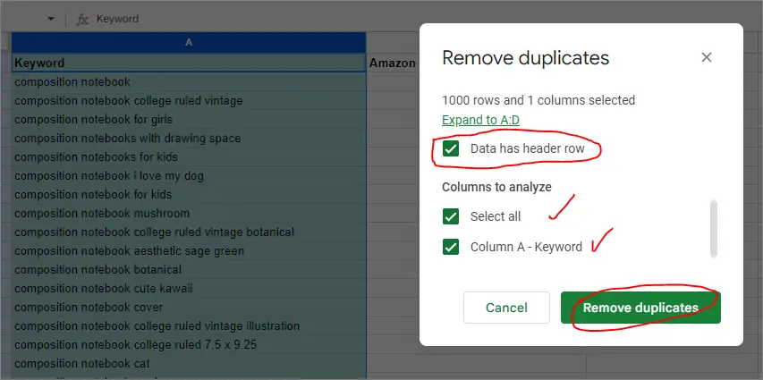 remove duplicates google sheets popup