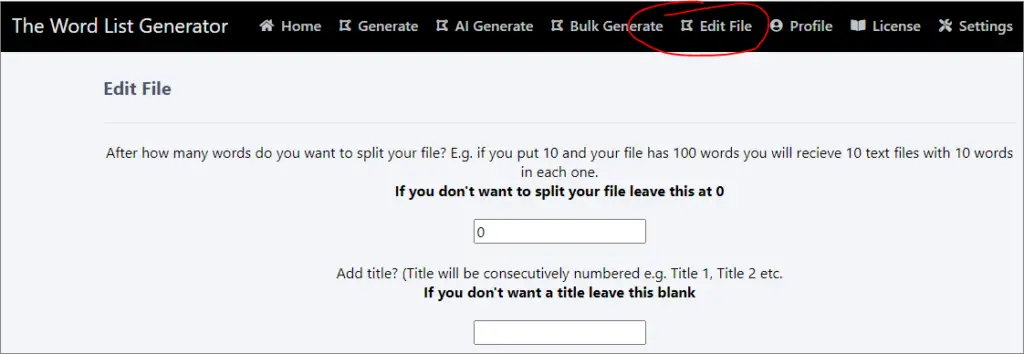 Edit file option in the word list generator