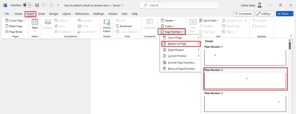 adding page numbers in word document