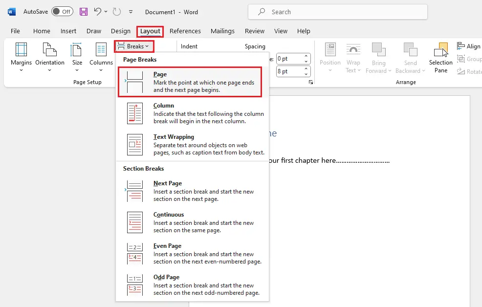 adding page & section breaks in ms word document