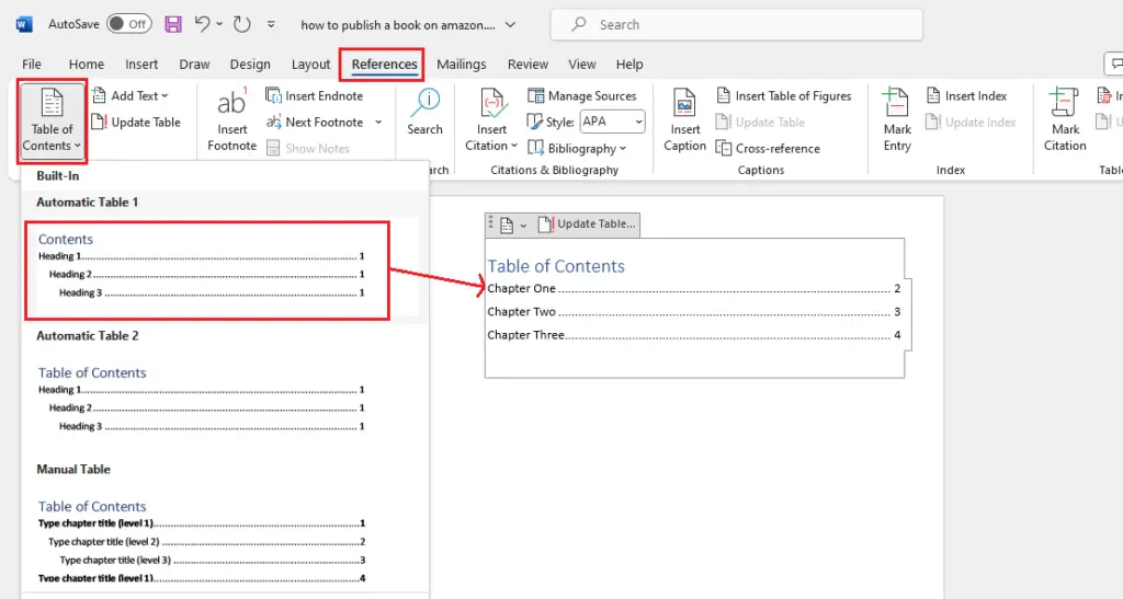 adding table of contents in microsoft word