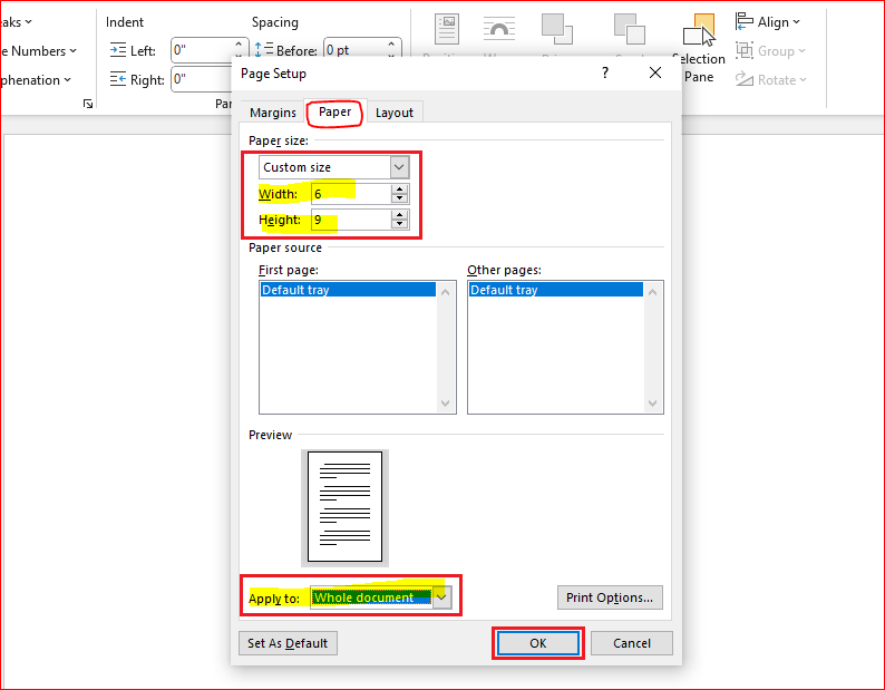 paper size in ms word