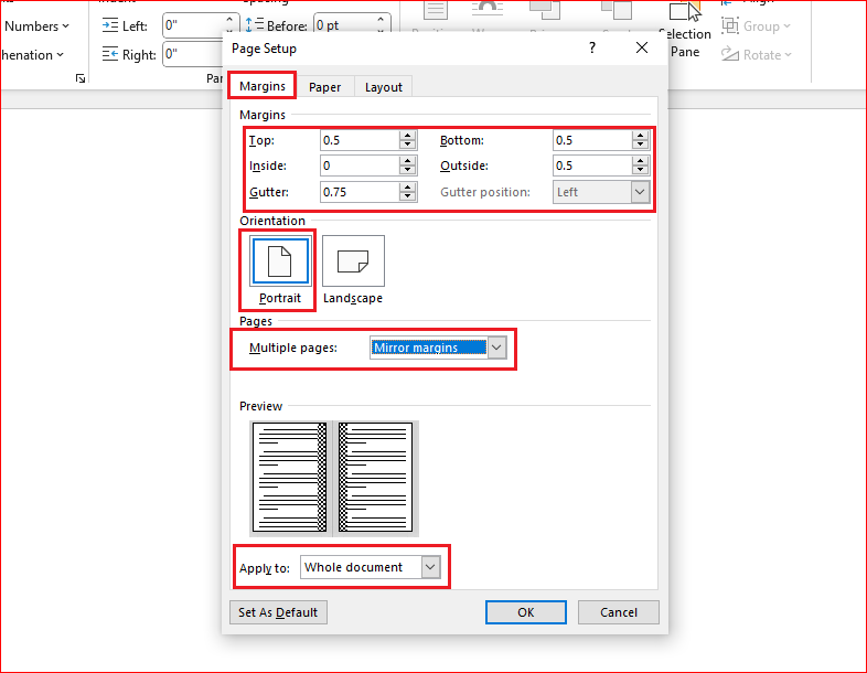 setting up page margins in ms word