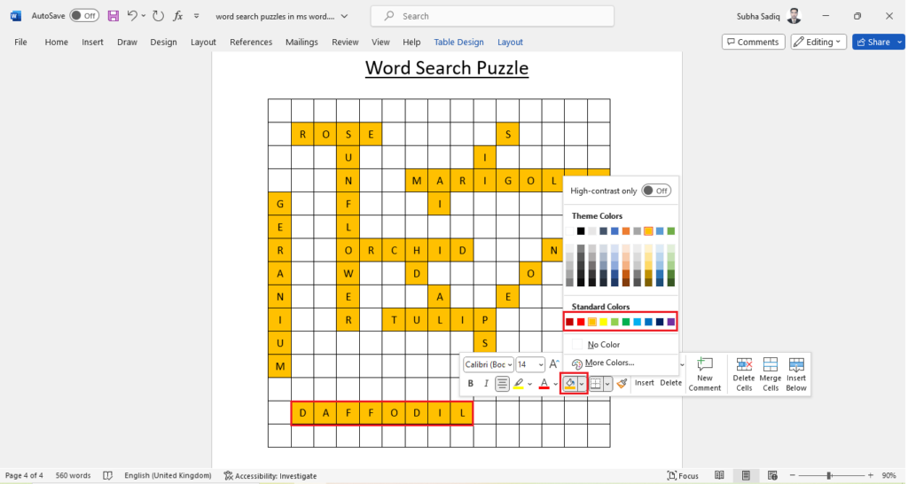 adding fill color to word search puzzle