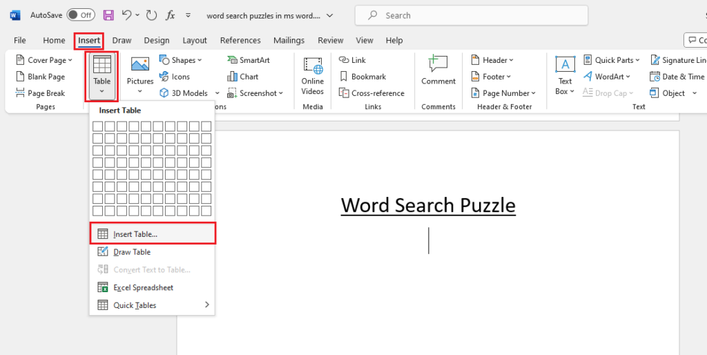 insert table option in word