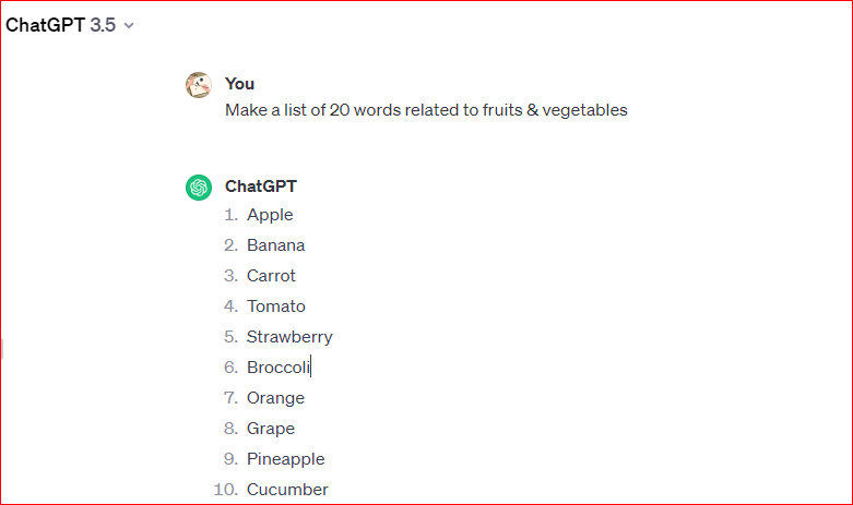 chat gpt prompt for word lists
