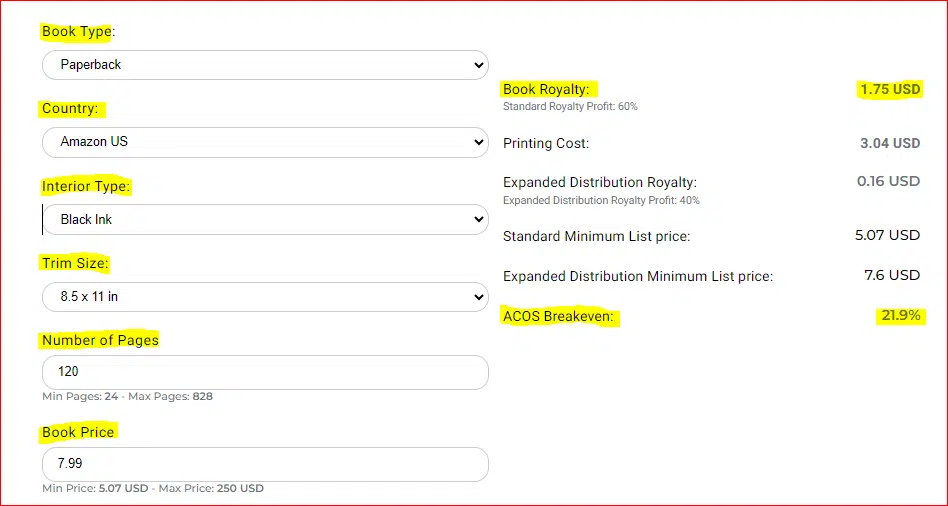 kdp acost calculator