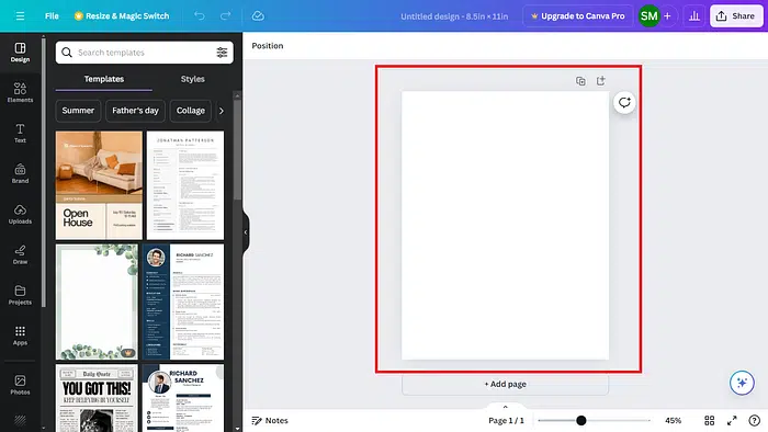 blank document in canva