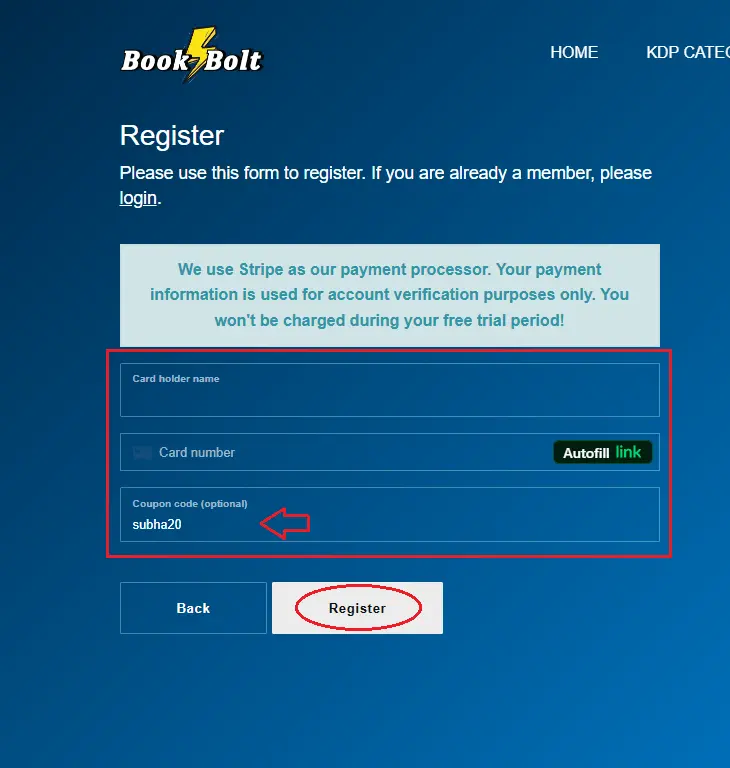 book bolt account signup step2