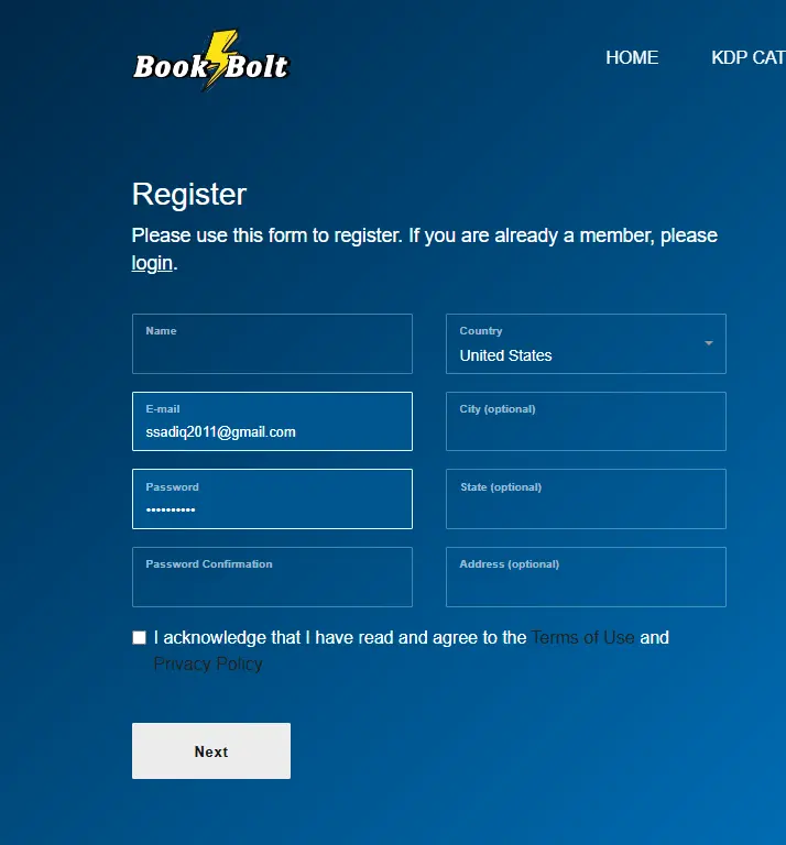 book bolt account signup