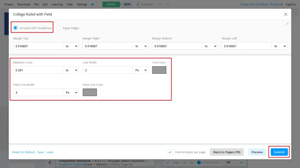 interior margins and page settings