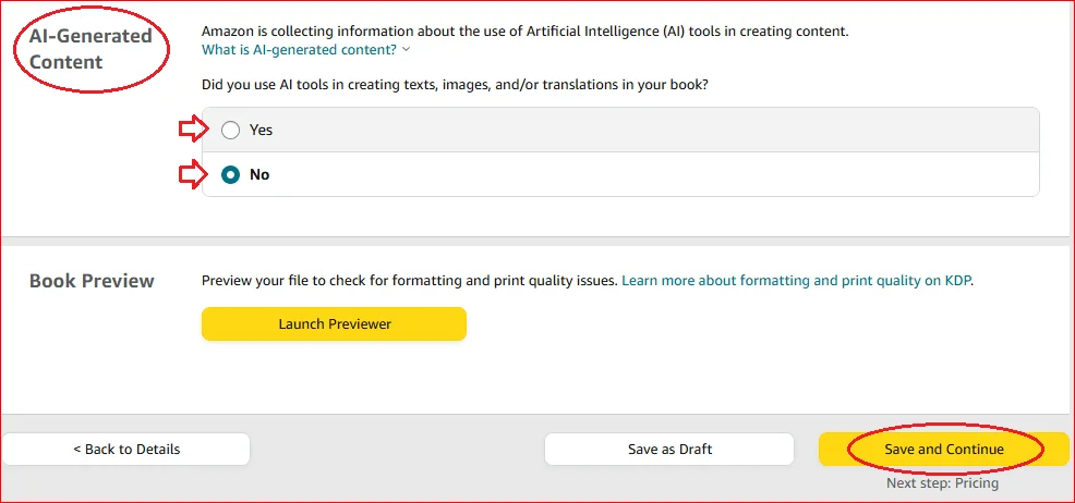 kdp ai content confirmation option