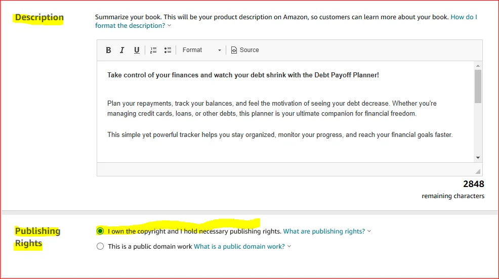 kdp book description and publishing rights
