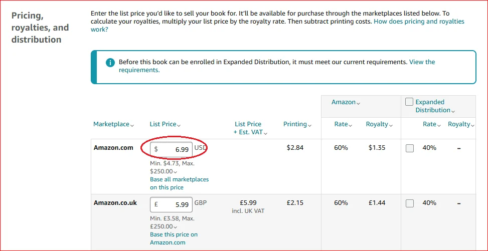 kdp book pricing and royalties settings page