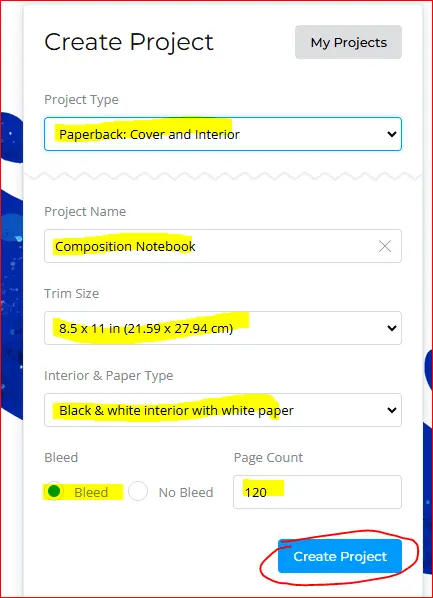 new project settings in book bolt studio