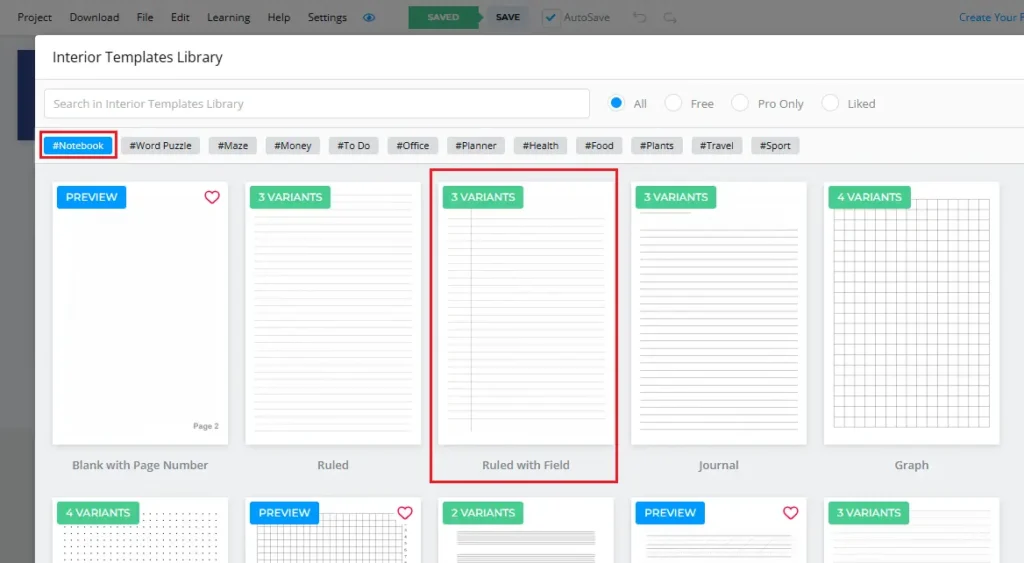 notebook templates variants