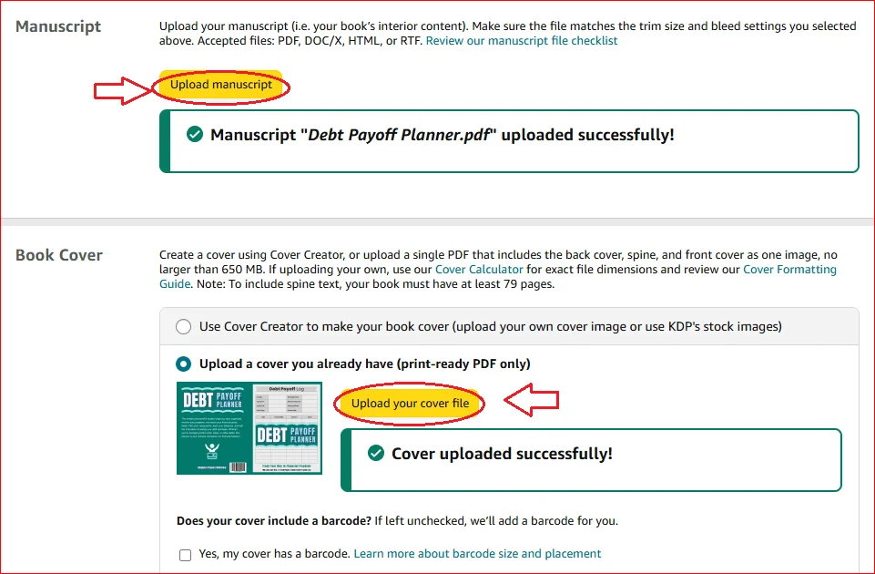 uploading book interior and cover on kdp
