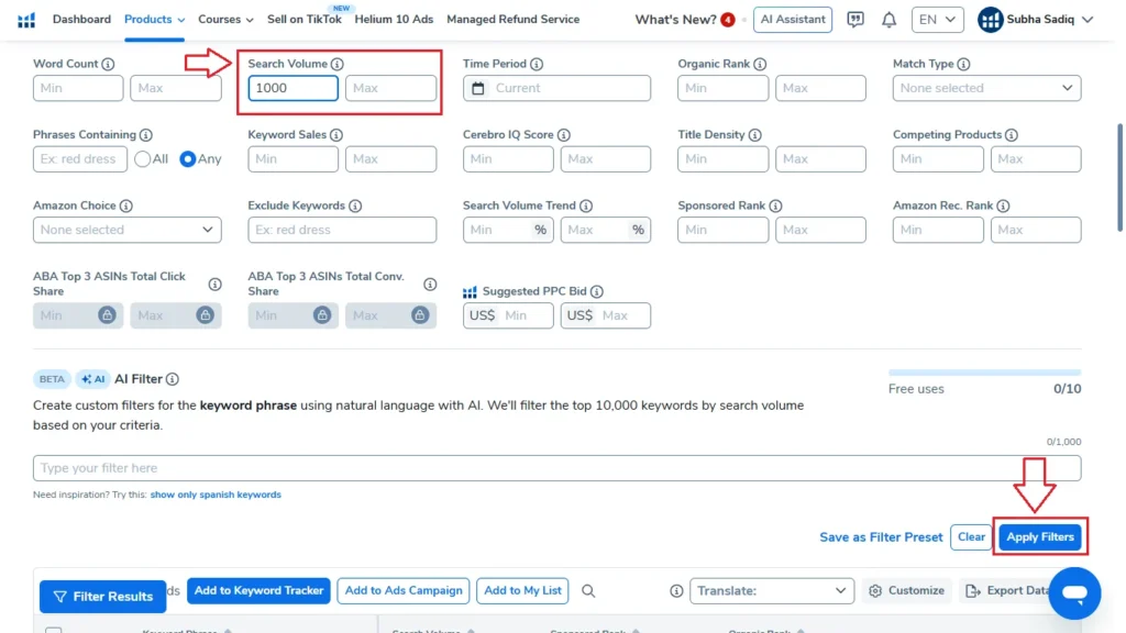 How I Find Low-Competition Amazon KDP Niches Using Helium 10 (Step-by-Step Tutorial) 11 applying search volume filter in cerebro tool