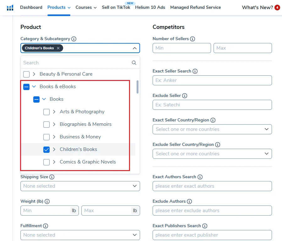 How I Find Low-Competition Amazon KDP Niches Using Helium 10 (Step-by-Step Tutorial) 3 choosing the product category on helium 10 black box tool