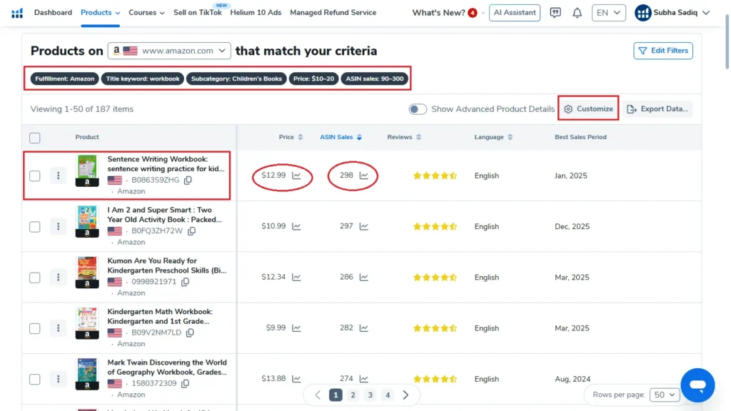 How I Find Low-Competition Amazon KDP Niches Using Helium 10 (Step-by-Step Tutorial) 7 potential kdp niche ideas based on filters in black box