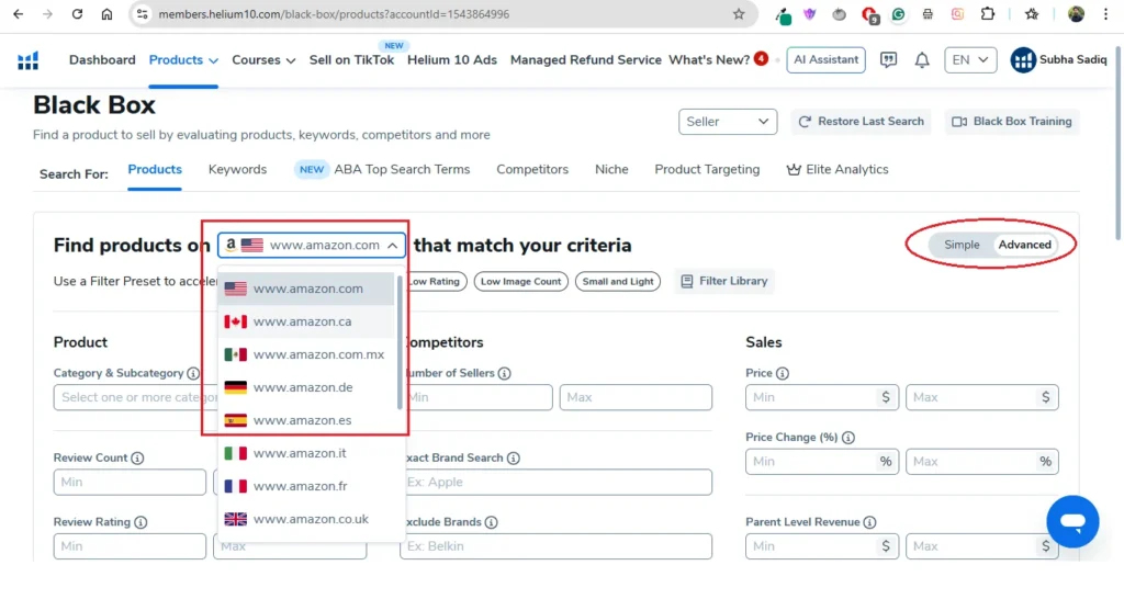 How I Find Low-Competition Amazon KDP Niches Using Helium 10 (Step-by-Step Tutorial) 2 selecting amazon marketplace in helium 10