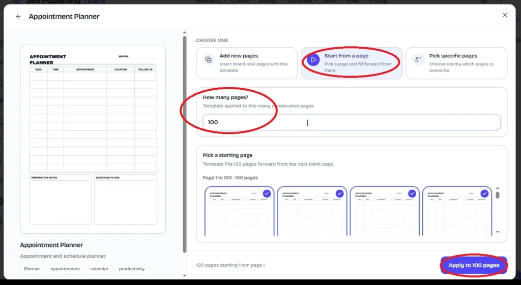 Low Content Pro Review: Create Amazon KDP Interiors Faster with 337 Ready-to-Use Templates 3 creating-100-page-appointment-planner